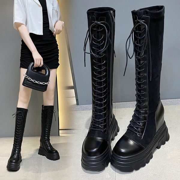

boots shoes women over knee round toe clogs platform zipper winter footwear boots-women over-the-knee lolita high heel leather a, Black