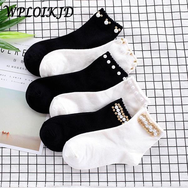 

[wploikjd]korean pearl socks women black white elastic cotton handmade meias creative harajuku calcetines mujer & hosiery