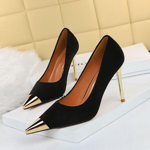 

dress shoes bigtree 2021 spring fashion mature flock pu women pumps thin heels solid slip-on pointed toe bling party brown size 34-43, Black