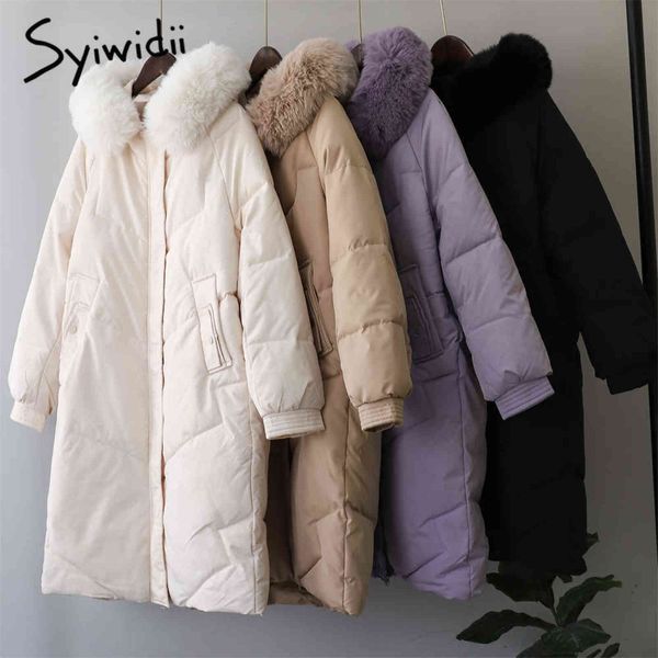 Syiwidii ​​jaqueta de inverno mulheres grosso para baixo feminino outono baiacu longo casaco com uma pele hood quente parkas roxo preto outerwear 211130