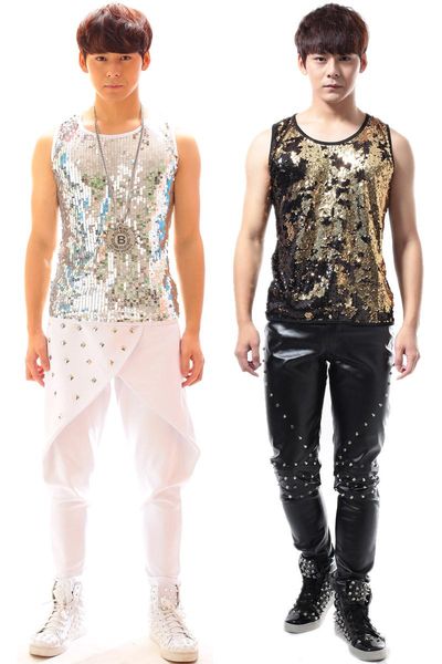 

men's vests s-6xl 2021 clothing punk clothes paillette dj male vest costume the singer's, Black;white