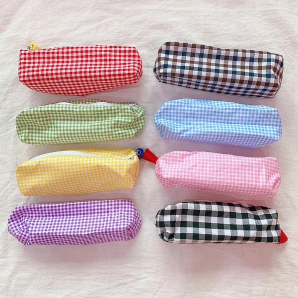 

cute vintage plaid pencil bag simple coloful tassel case student large capacity storage stationery office supplies bags