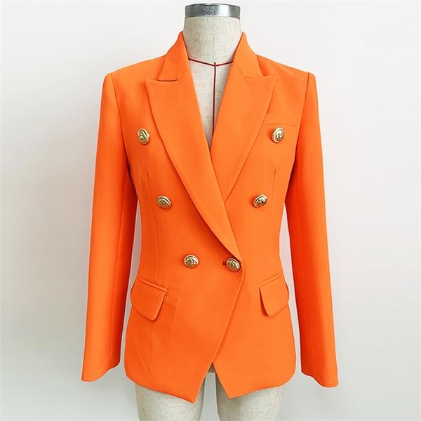 Alta Qualidade Estera Esterista Blazer Mulheres Lion Botões Duplo Jaqueta Breasted Neon Orange 210826