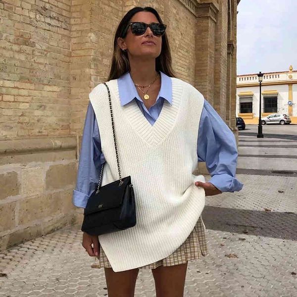 

knitted side slit sweater vest women casual oversized white loose vest pullovers winter sleeveless chic 210415