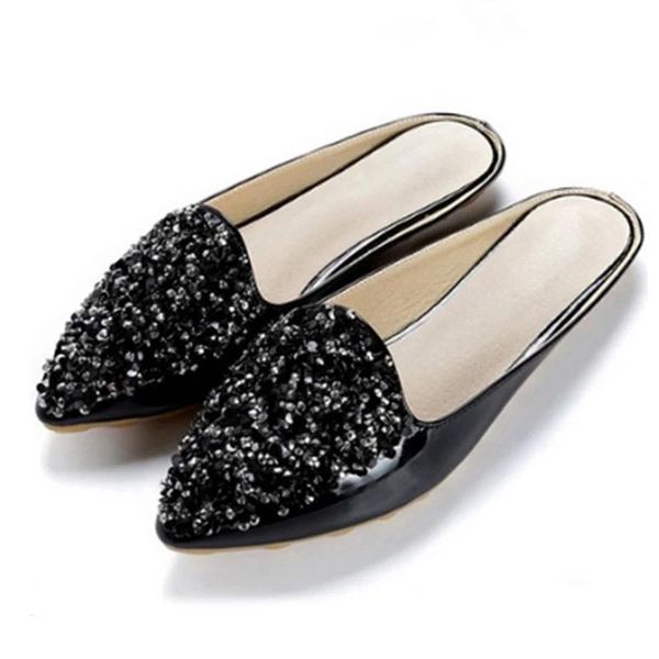 

black baotou flash sequined pu leather rhinestone sweet slippers breathable slip-ons flat shoes fashion soft soles peas sandal