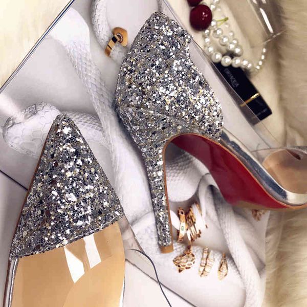 

dress shoes sapatos de salto alto transparente com lantejoulas, sapato ponta fina cristais fb2o, Black