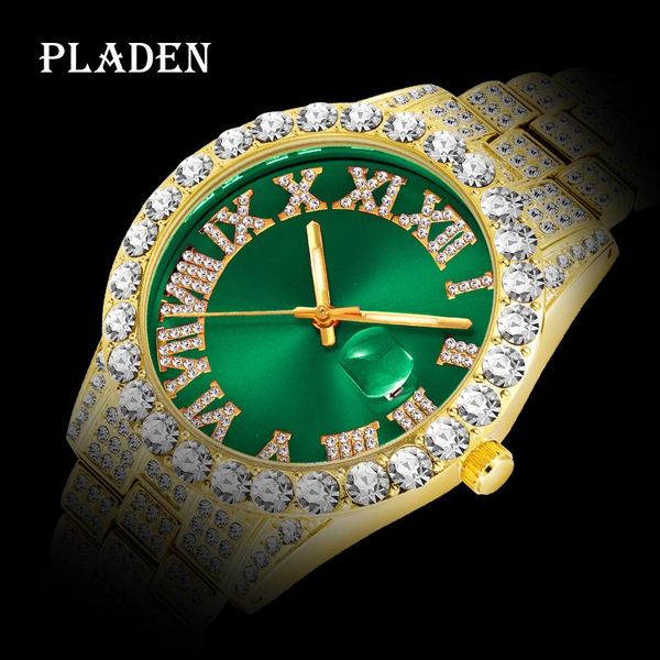 

wristwatches drop gold watch for men full diamond green dial watches calendar business hip hop style quartz man 2021, Slivery;brown