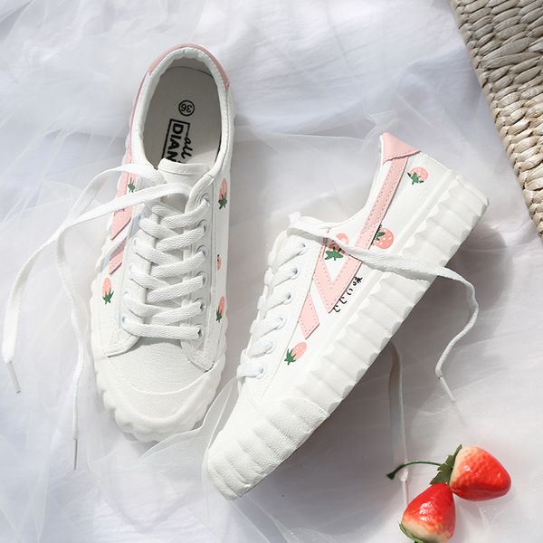 

dress shoes fl jumpmore women flatts strawberry printed sweet girls causal lace up white canvas 35-40 plus size rz4d, Black