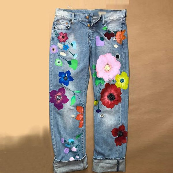 

women's jeans fashion printed flowers thin washed denim straight trousers casual full length pants large size s-5xl, Blue