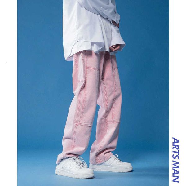 

men's shorts pink washed jeans fashion loose straight cargo wide leg pants high street men trousers vintage male d9jn, White;black