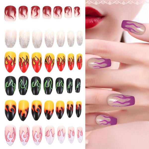 

false nails 24pcs/box fashion flame nail tips uv gel acrylic full cover coffin fake stiletto ballerina manicure beauty tools, Red;gold