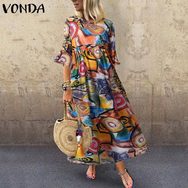 

casual dresses vonda loose beach sundress s-5xl flare short sleeve o neck party bohemian vestidos femme long robe 5xl 6czd, Black;gray