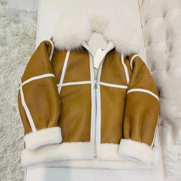 

women's fur & faux thick warm women coat winter natural real sheep jacket short legnth genuine collar fashion oversized, Black