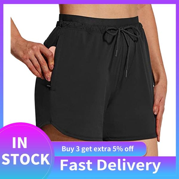 

high waist workout shorts women's solid run elastic drawstring with liner pockets sport yoga gym clothing, White;black