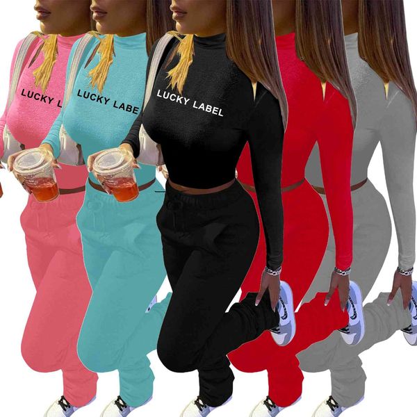 

lucky lable letter print crop tshirt & drawstring lace up stacked sweatpants women two piece outfits winter tracksuit e07, Gray