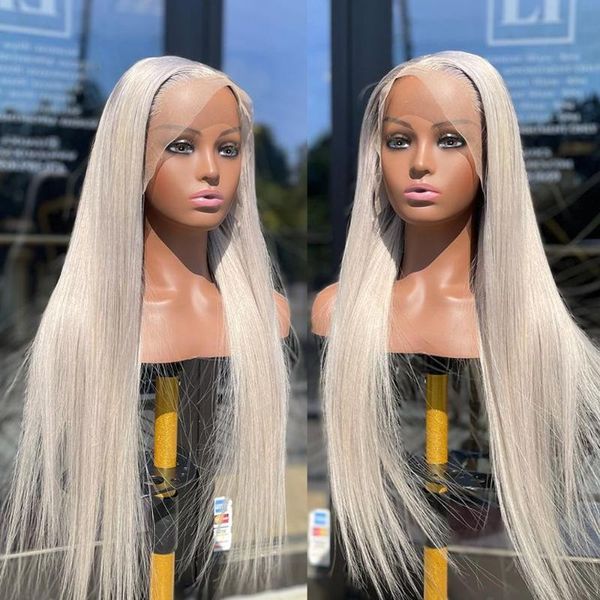 

lace wigs colored silver grey human hair for black women brazilian transparent straight front closure wig pre plucked gluel, Black;brown