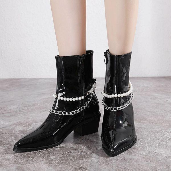 

boots pearl necklace punk metal chain motorcycle women pointed toed low heels leather autumn shoes woman, Black