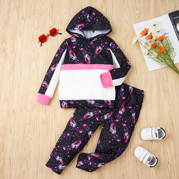 

sports and leisure two piece feather print suit girls' long sleeve hooded suit comfortable fashionable novel lovely, White
