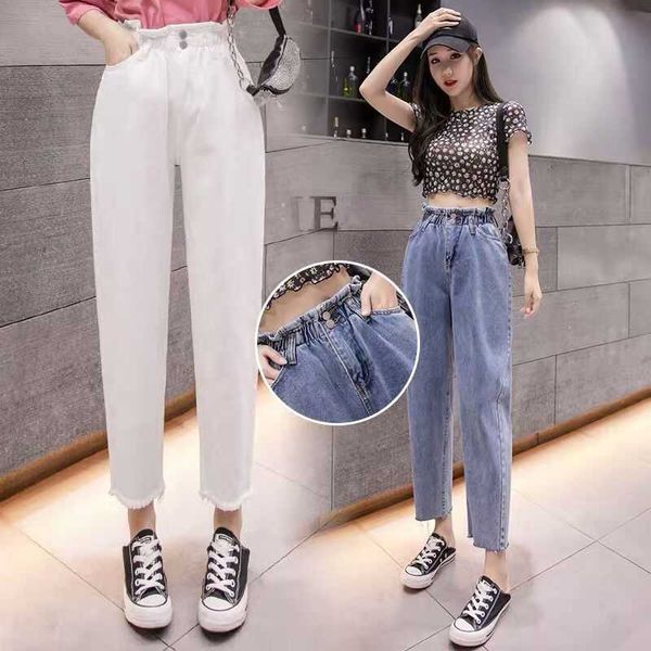 

women's jeans elastic high waist woman casual button pockets harem mom for women plus size loose white blue mujer