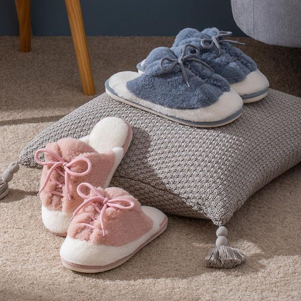 

winter home cotton slippers women warm fur shoes soft sole comfortable cute lovely indoor bedroom men couples furry slides, Black