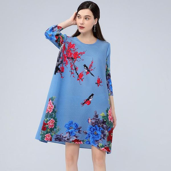 

casual dresses miyake pleated printing dress 2021 autumn chinese style fashion vintage loose large folda fresh knee-length for woman, Black;gray