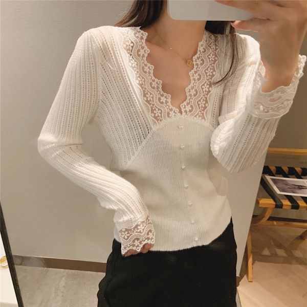 

comelfashion v-neck lace sweaters streetwear women warm retro elegance chic slim pullovers 210515, White;black