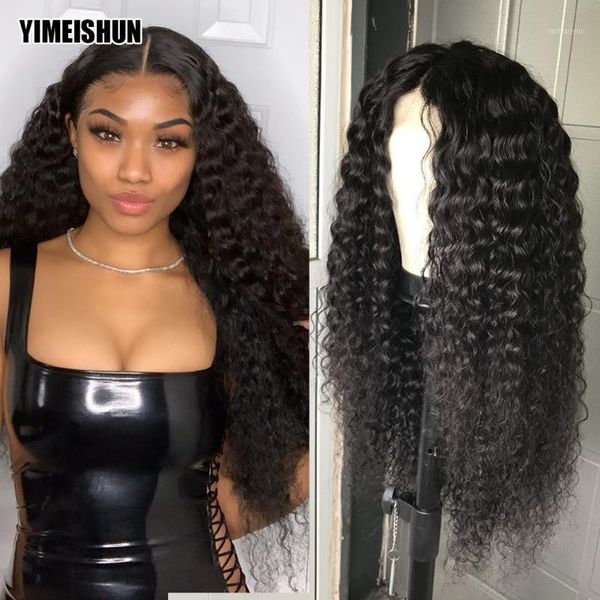 

kinky curly wig closure t part human hair middle 4x4 180 brazilian wigs1, Black;brown