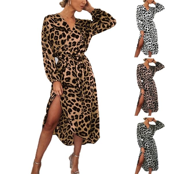 

2020 spring women's v-neck leopard long sleeve chiffon dress, Black;gray