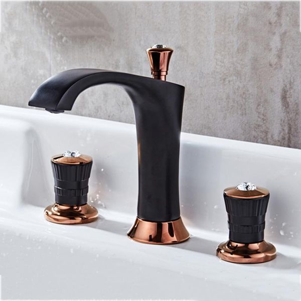 

basin mixer faucets black and gold brass crystal 3 holes double handle bathroom sink faucet cold tap bathtub