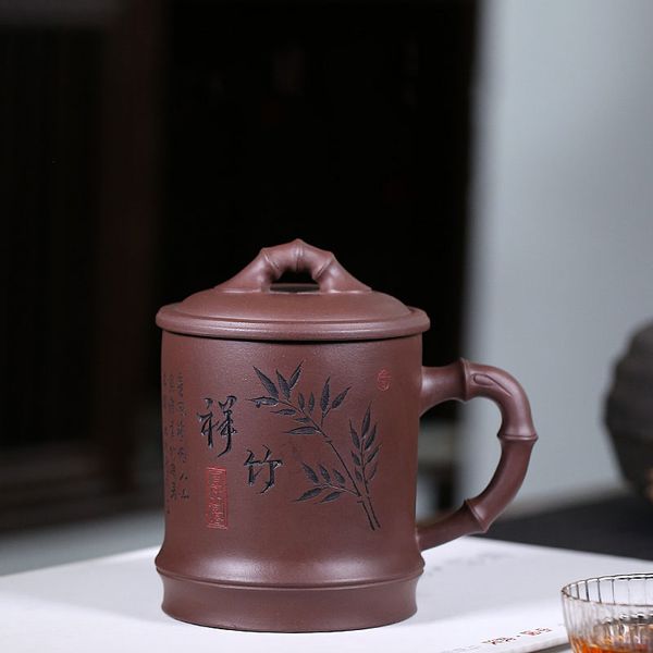 

450ml 15oz handmade bamboo style zisha tea cup purple clay grit mug with lid