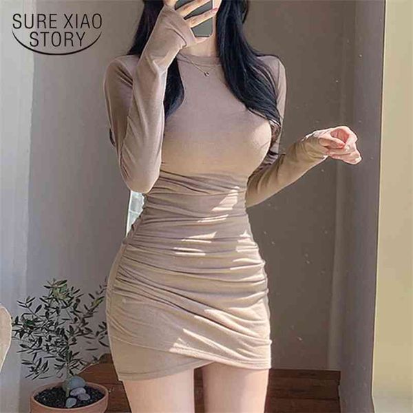 

korean knitted pleated dress above knee skinny sheath high waist es long sleeve bottoming female fall vestidos 12580 210508, Black;gray