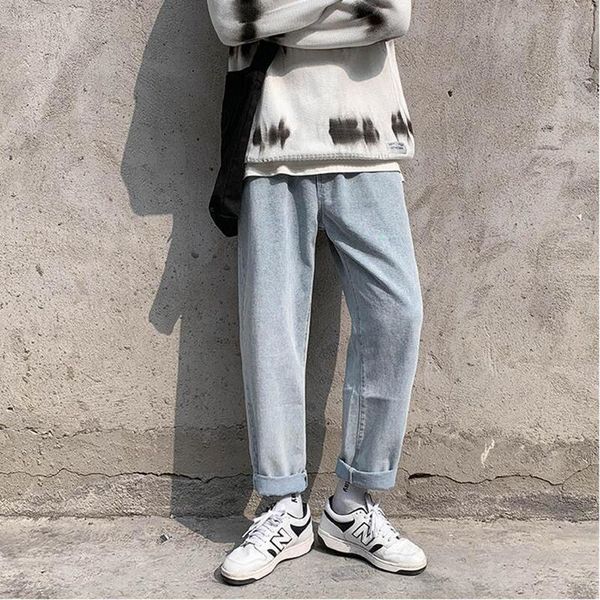 

men's jeans spring korean fashion straight tube loose casual wide leg pants, Blue