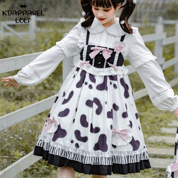 

casual dresses sweet women lolita jsk dress straps sling cute girls bows ruffles high waist cow print cosplay party shirt/jacket spring summ, Black;gray