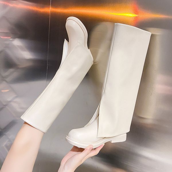 

large size women's 2021 autumn street pants barrel knight below knee high boots square head flat bottom, Black