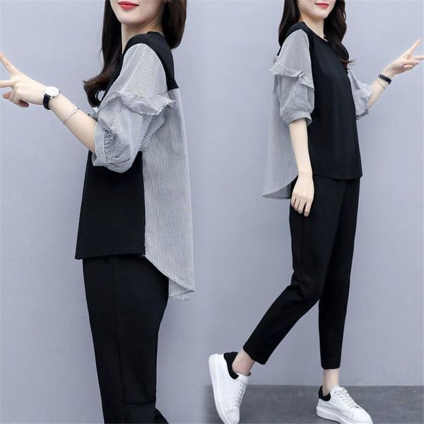 

summer casual 2 piece set women tracksuits o neck pants arrival short sleeve 100% cotton sporting suits, Gray