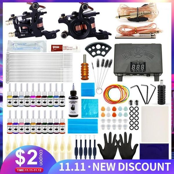 

starter tattoo set 2 coils guns 20 colors pigment inks sets black power body art tools permanent makeup1