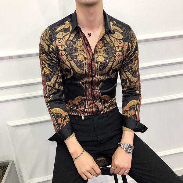 

men's casual shirts baroque printed male shirt, plus size, 6xl, shirts, slim, luxurious, size 6xg, spring, summer, club, street fashion, White;black