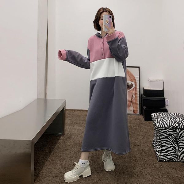 

casual dresses [ewq]2021 autumn winter female loose patchwork panelled long sleeve minimalist hoodie straight sweatshirt dress 8d621, Black;gray