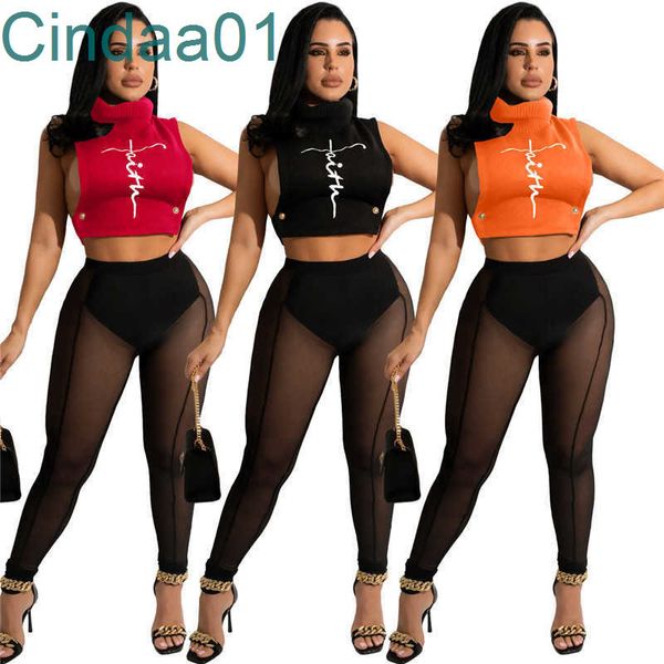 Mode Stickerei Frauen Mesh Trainingsanzüge Zwei Stück Tank Tops Sexy Leggings Outfits Durchsichtig Weibliche Sweatsuits