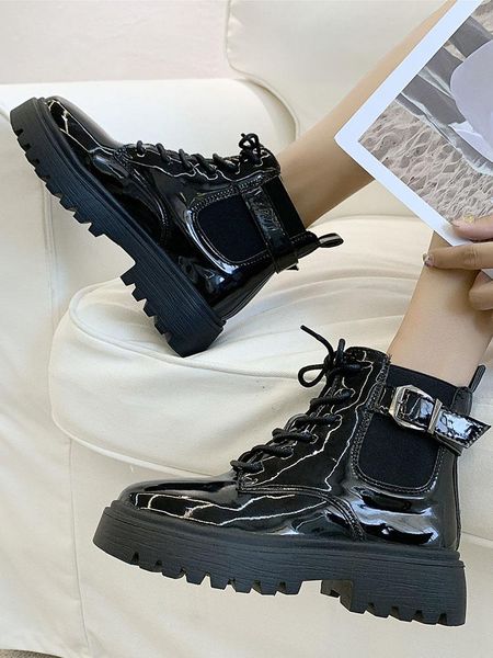 

boots handsome female winter 2021 joker british wind high thick black shoes bottom short for with velvet