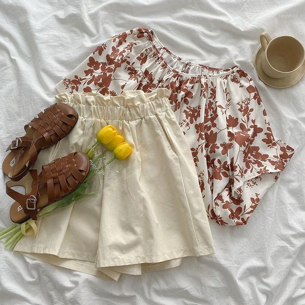 

women's tracksuits vintage fashion suit 2021 summer women two pieces set korean style printed shirt + wide leg shorts matching, Gray