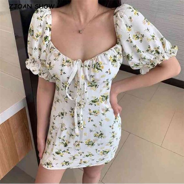 

france style vintage bandage bow square collar puff sleeve floral women dress retro slim package hips mini short dresses holiday 210429, Black;gray
