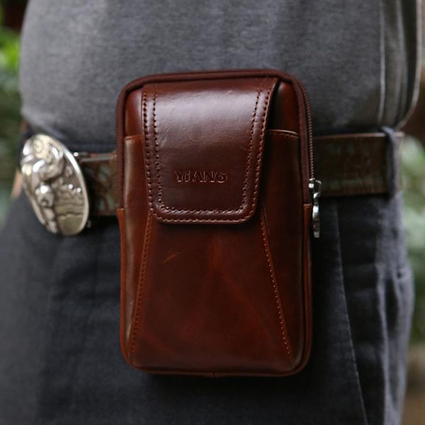 

brand genuine leather men's fanny packs cowhide hip bum belt bag mini 6 inch mobile phone vintage waist bags