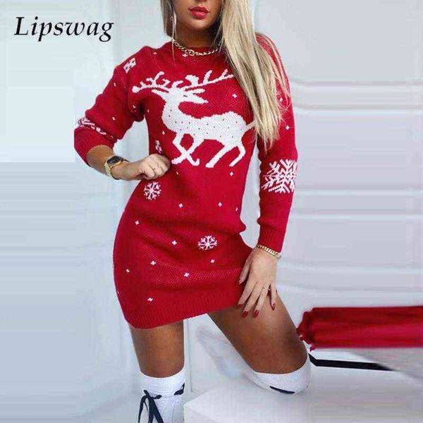 Vestidos inverno floco de neve elk jacquard mini vestidos casuais manga longa vestido de festa de Natal elegante o pescoço mulheres camisola vestido g1214