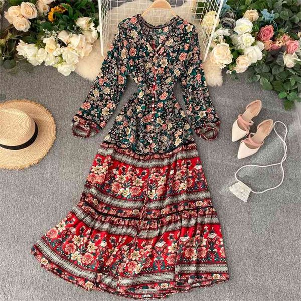 

summer women's dress ethnic style printed v-neck buttoned long-sleeved retro waist slim female es ll063 210506, Black;gray