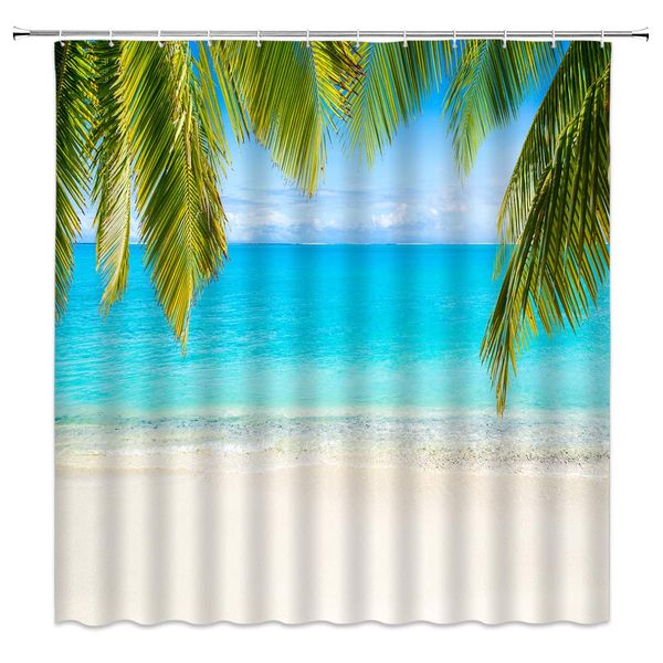 

ocean shower curtain decor turquoise sea water beach palm trees tropical exotic seascape beige fabric bath curtains bathroom