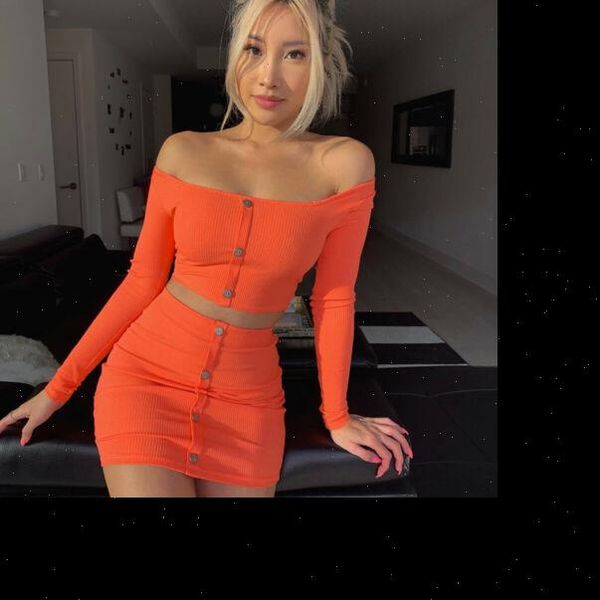 

fashion summer solid casual womens tracksuits button sets off shoulder long sleeve short and high waist bodycon slim skirts, Gray