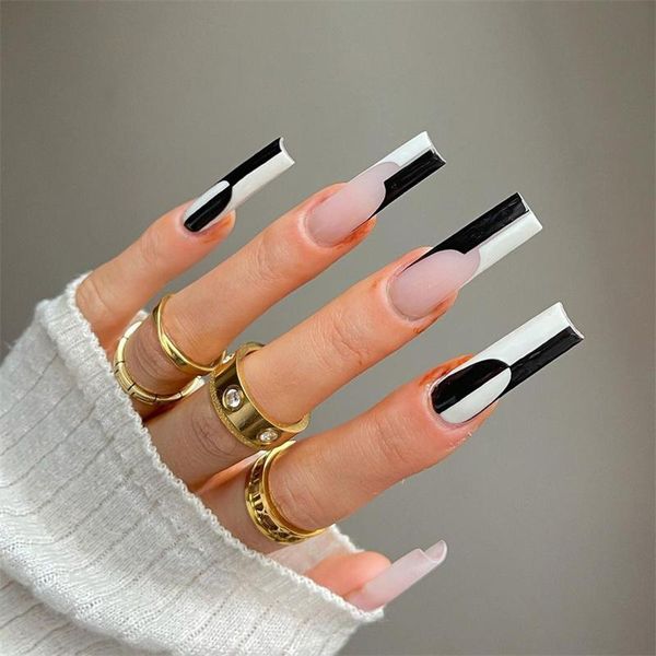 

false nails black and white pink cloud cookies color matching long nail patch piece fake detachable pegatinas para uÃ±as, Red;gold
