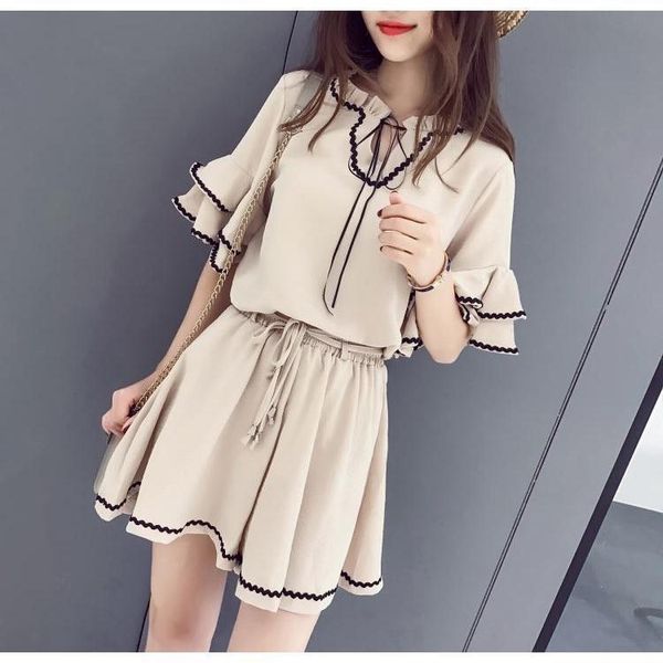 

women's tracksuits korean style loose ruffled sleeves chiffon blouses for women high waist wide leg shorts suit summer, Gray