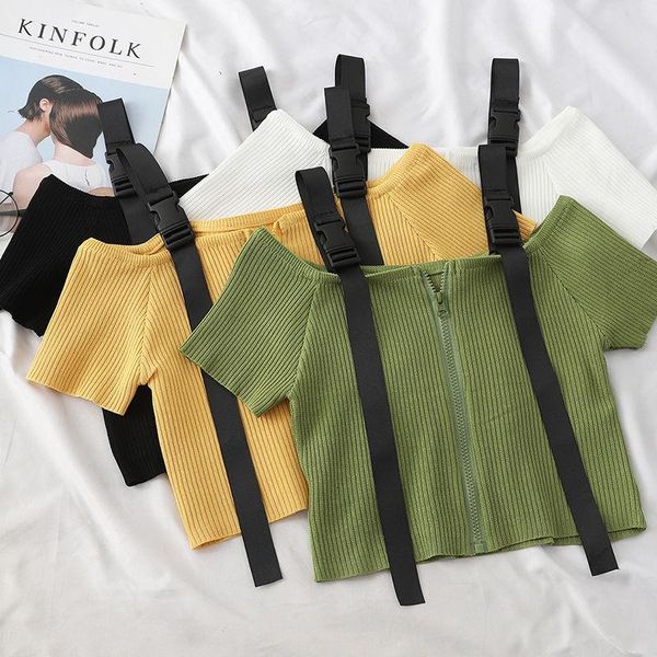 

women's t-shirt spaghetti strap fashion t shirts women summer slim knitted crop camisetas mujer basic tees, White